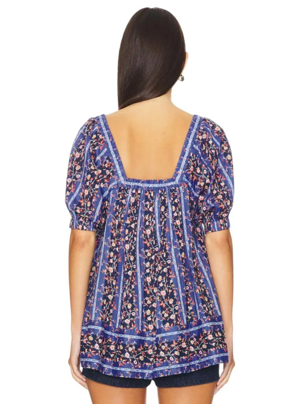 Free People Vintage Lover Floral Babydoll Blouse Dutch Blue Size Small
